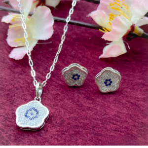 Blue Floral Zirconia Pendant set with Earrings