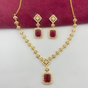 Golden Radiance: Necklace & Earring Set with Crimson Gem