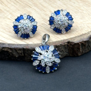 Radiant Round Blue Gem Pendant & Earrings Set