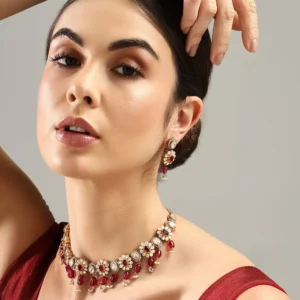 Ruby Bloom: Floral Red Gem Silver Neckpiece Set for Unmatched Elegance
