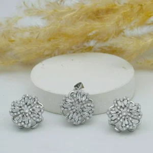 Petal Serenade: Floral Pendant and Earring Set in Silver with Zirconia