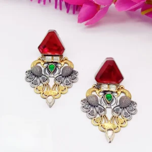 Majestic Peacock Silver Earrings with Red Drop